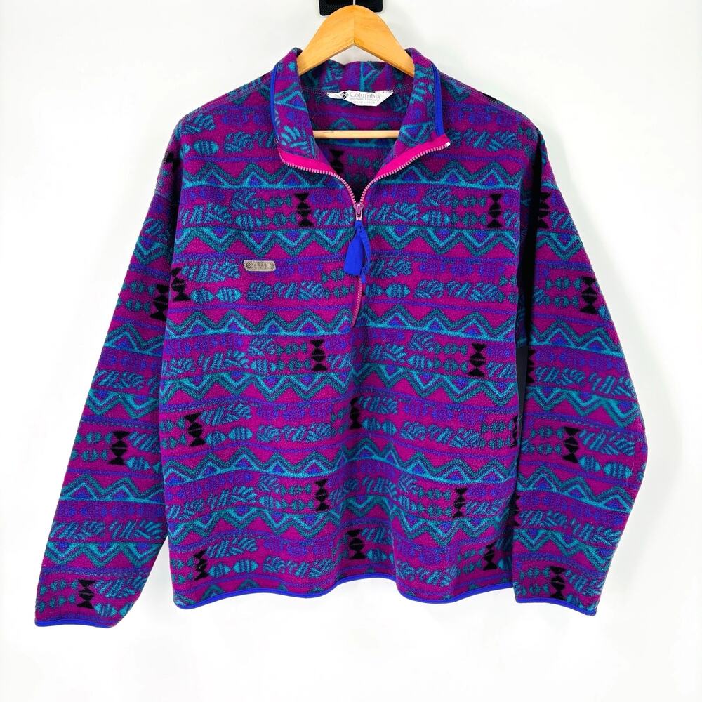 Vintage Columbia Fleece Jacket Aztec Southwest Print Size XL Purple Blue 90's